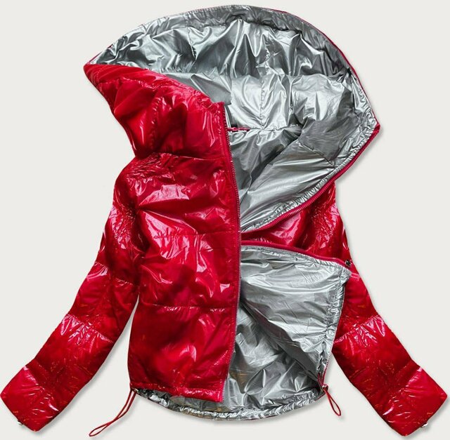 Lesklá červená prošívaná dámská bunda s kapucí (B9560) - XXL (44) - odcienie czerwieni