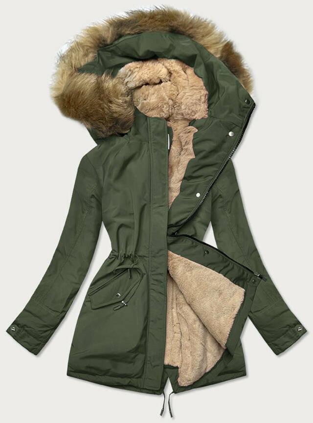 Khaki-béžová teplá dámská zimní bunda (W559) - XXL (44) - odcienie beżu