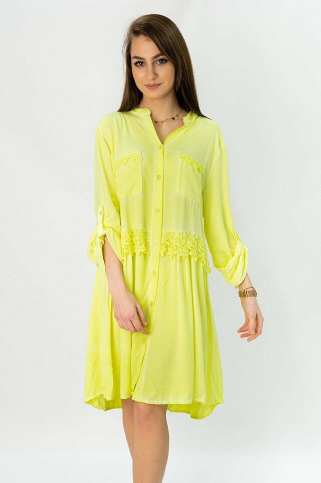Bavlněné dámské košilové šaty v neonově žluté barvě (307ART) - jedna velikost - Žlutá