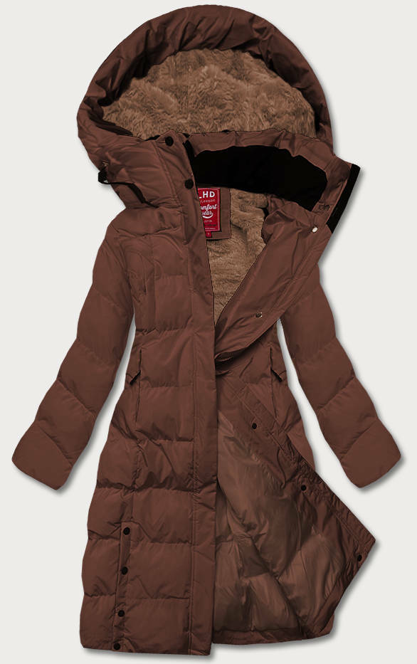 Dlouhá hnědá dámská zimní bunda s kožešinovou podšívkou (2M-025) - S (36) - odcienie brązu