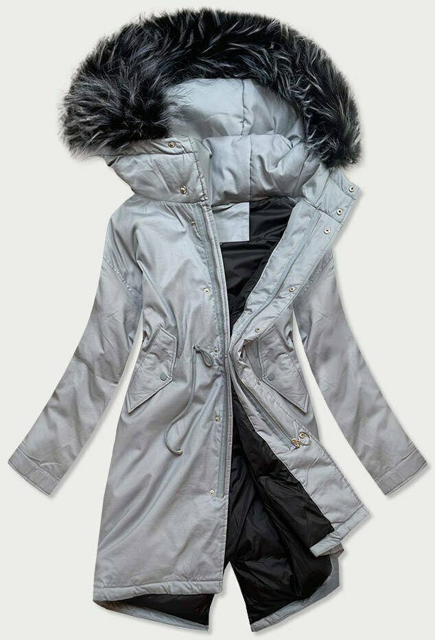 Šedá bavlněná dámská zimní bunda parka s přírodní péřovou výplní (7085) - XL (42) - odcienie szarości