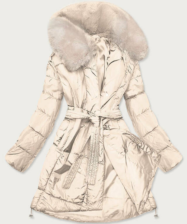 Béžový dámský zimní kabát s kožešinou (008) - XL (42) - odcienie beżu