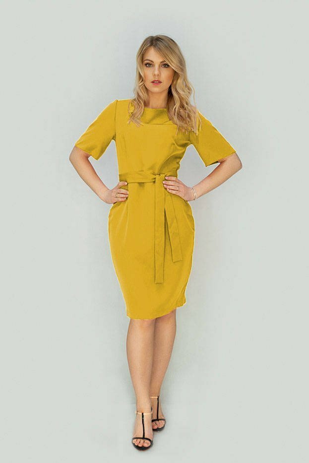 Žluté tužkové šaty s páskem (313ART) - S (36) - žlutá