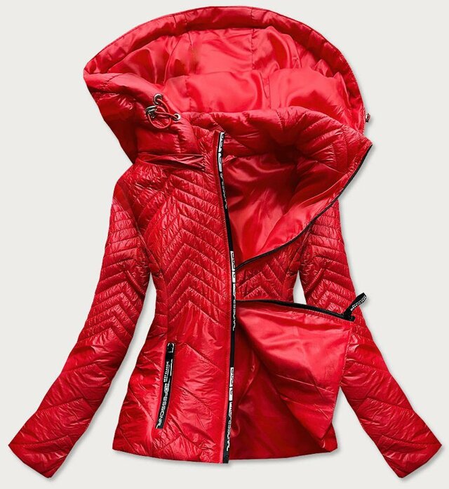Krátká červená dámská prošívaná bunda s kapucí (B9566) - S (36) - odcienie czerwieni