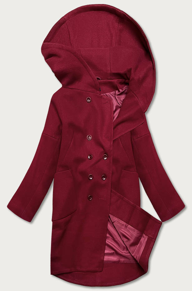 Dámský kabát plus size v bordó barvě s kapucí (2728) - 46 - odcienie czerwieni