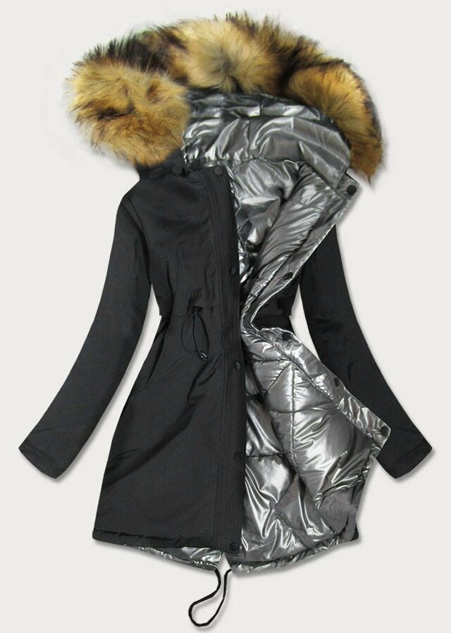 Černo-stříbrná oboustranná dámská zimní bunda (M-136) - XXL (44) - odcienie czerni