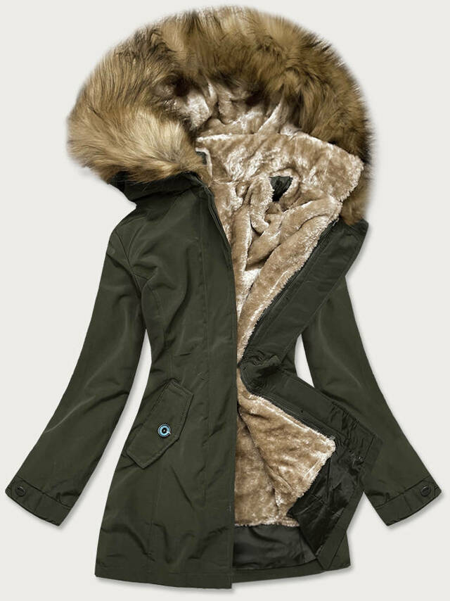 Dámská zimní bunda v army barvě s kožešinovou odepínací podšívkou (M-21005) - XXL (44) - odcienie zieleni