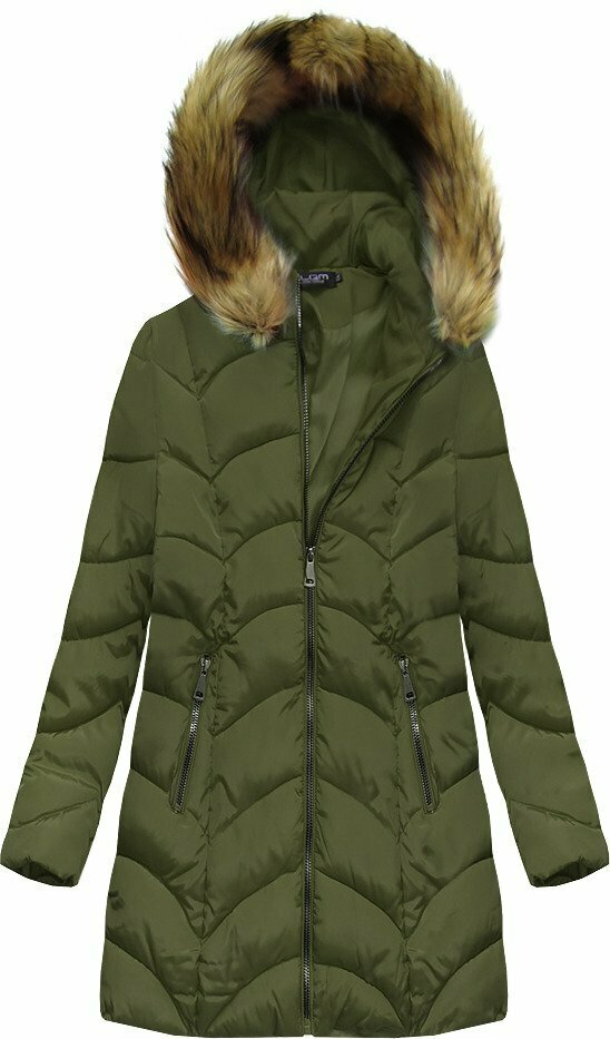 Prošívaná dámská zimní bunda v khaki barvě s kapucí (X1801X) - 46 - khaki