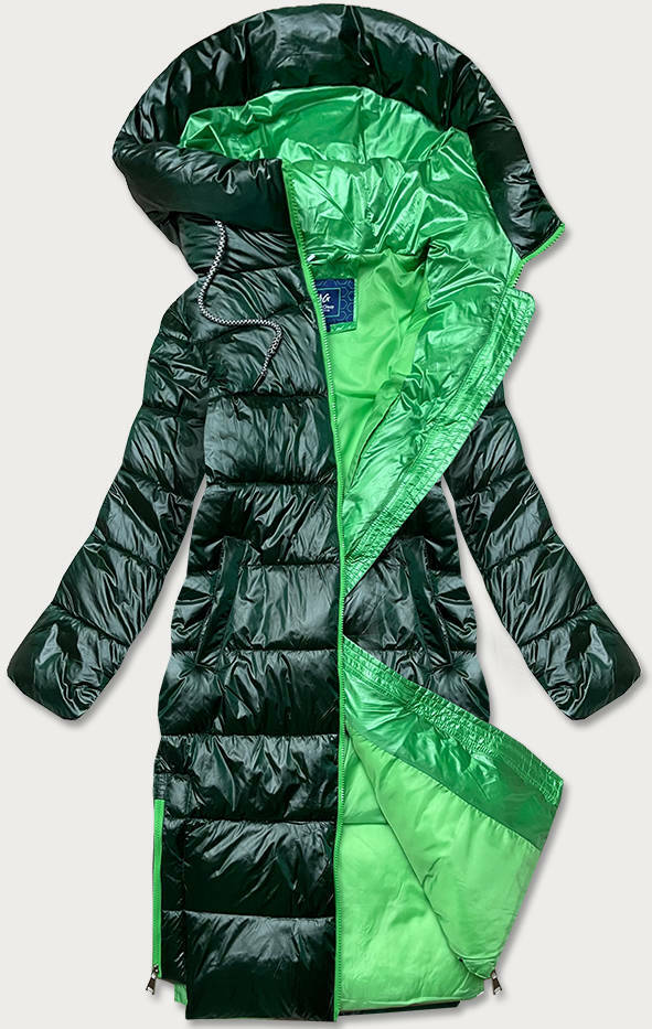 Dlouhá zelená dámská zimní bunda s kontrastní podšívkou (j9-063) - S (36) - odcienie zieleni