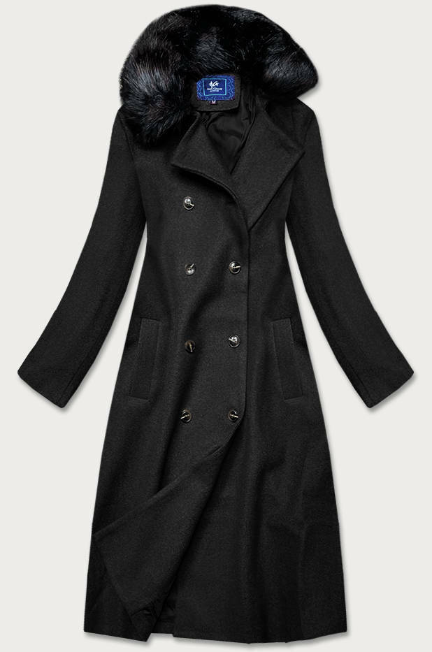 Dlouhý černý kabát s kožešinovým límcem (20201202) - S (36) - odcienie czerni