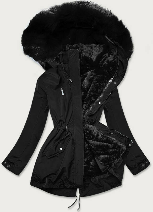 Černá dámská zimní bunda s mechovitým kožíškem (W553) - XXL (44) - odcienie czerni