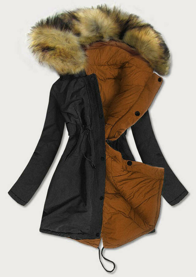 Černo-karamelová oboustranná dámská zimní bunda (M-136) - S (36) - odcienie brązu