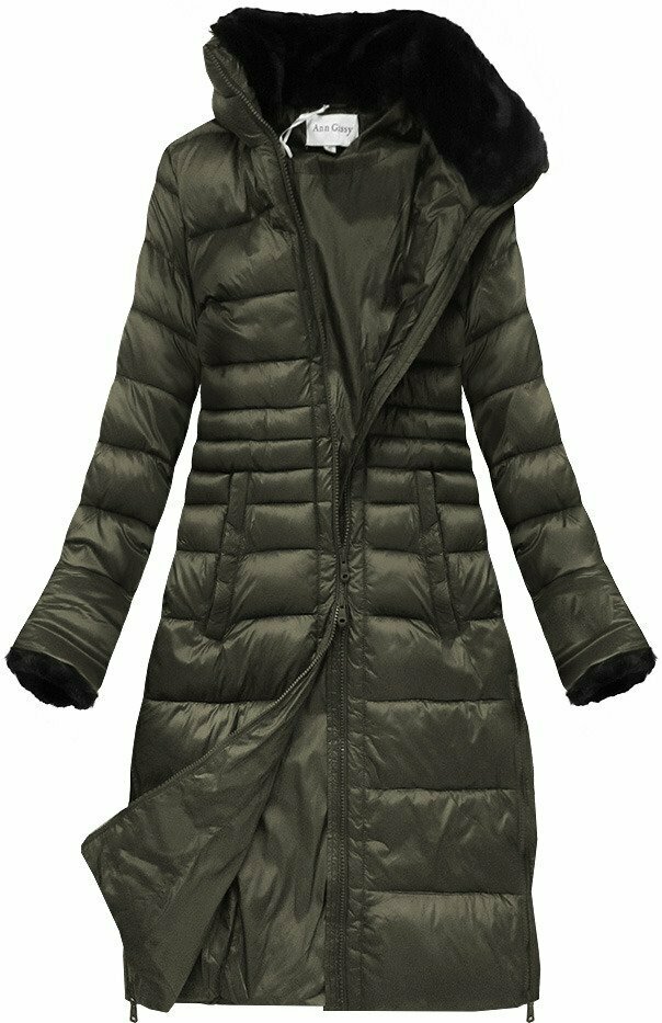 Delší dámská zimní prošívaná bunda v khaki barvě (J19-017) - S (36) - khaki