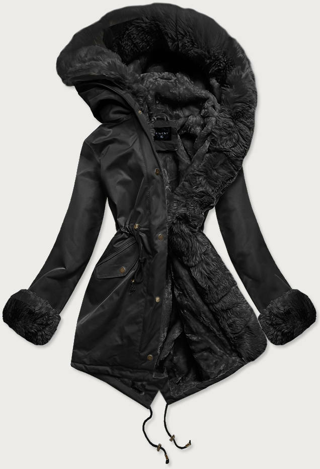 Černá dámská zimní bunda parka s mechovitým kožíškem (BR529-101) - 48 - odcienie czerni