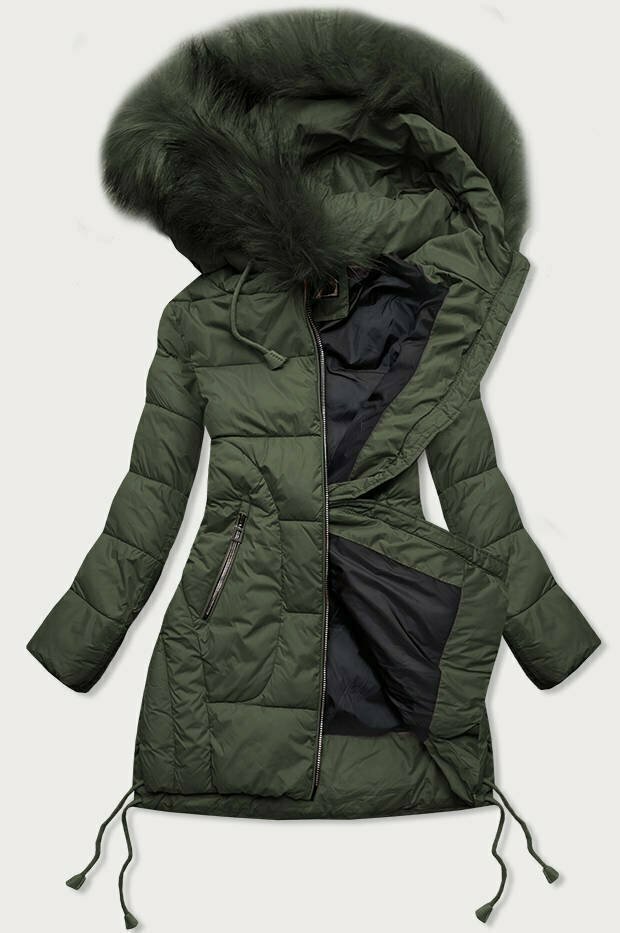 Dámská zimní prošívaná bunda v khaki barvě s kapucí (7690) - M (38) - khaki
