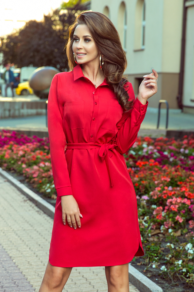 CAMILLE - Červené dámské košilové šaty se zavazováním 284-1 - S