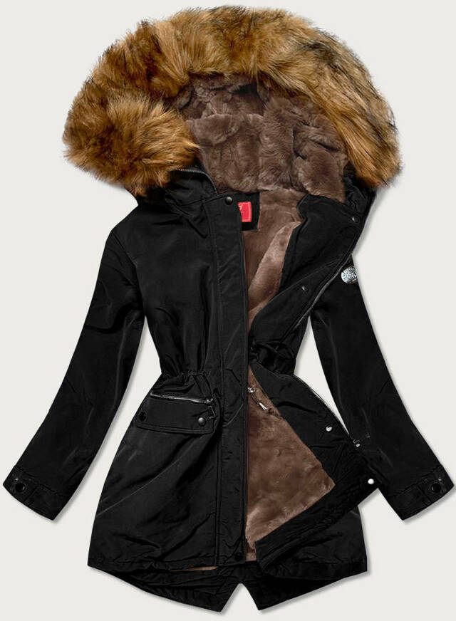 Černá dámská zimní bunda parka s kožešinovou podšívkou (M21312) - XXL (44) - odcienie czerni