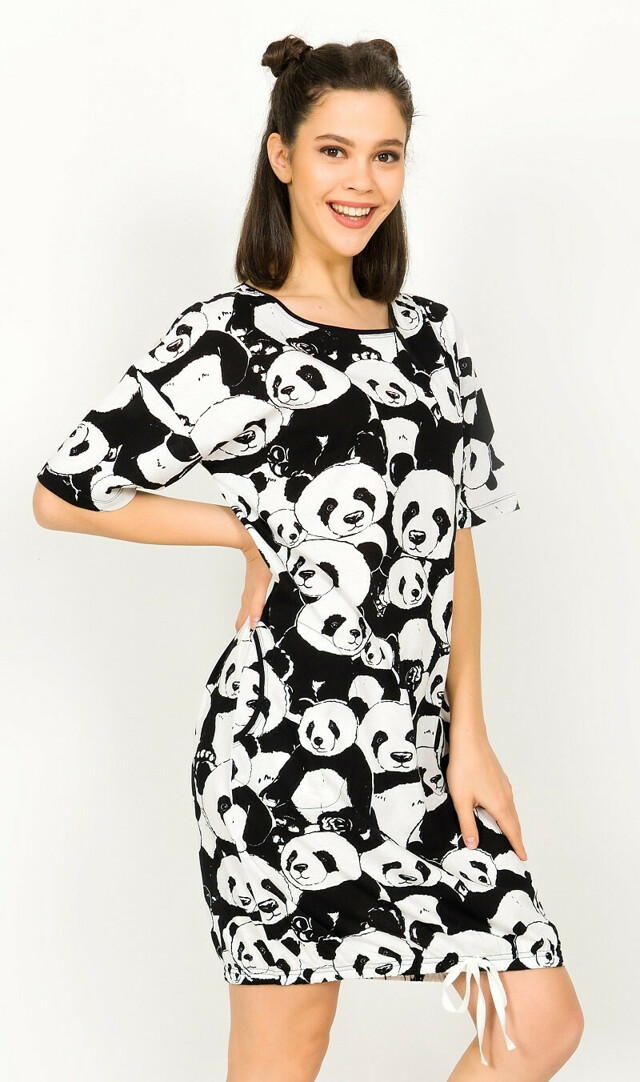 Dámské domácí šaty s krátkým rukávem Velká panda - černá M