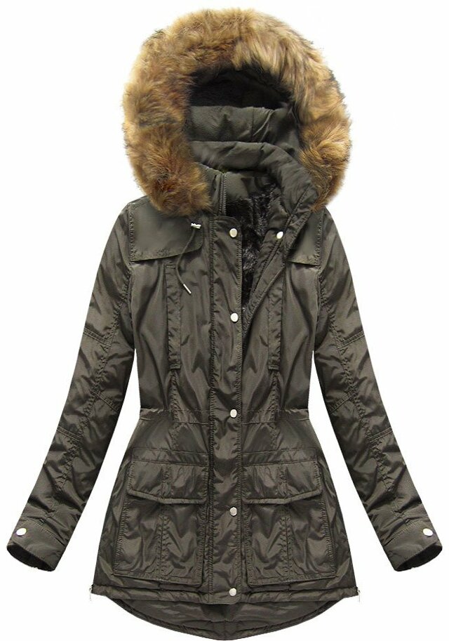 Teplá dámská zimní bunda v army barvě s kapucí (7309) - XXL (44) - army