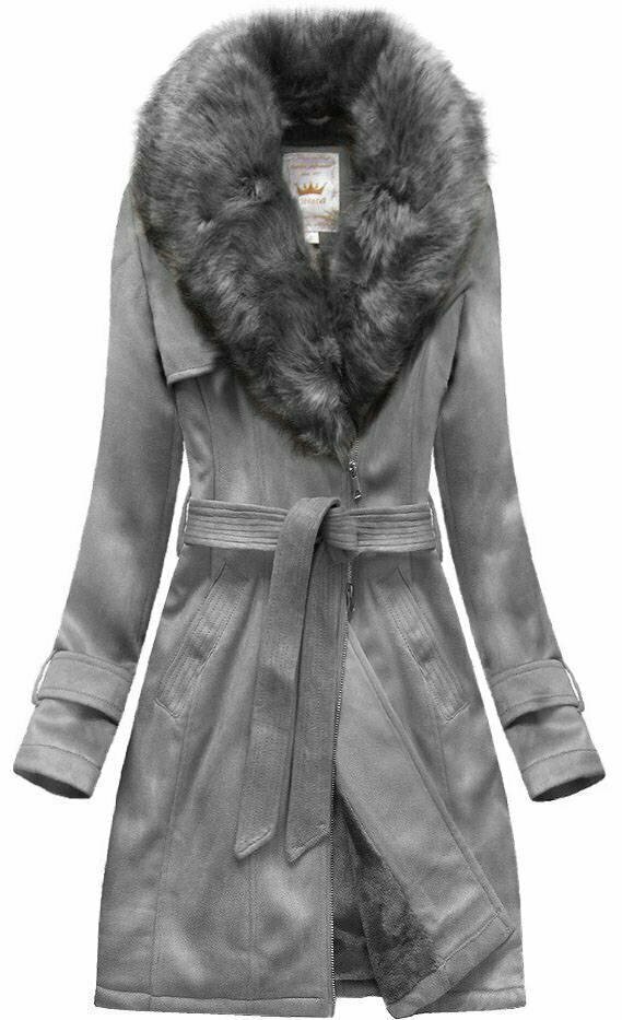 Šedý dámský semišový zimní kabát s páskem (6515) - XXL (44) - odcienie szarości