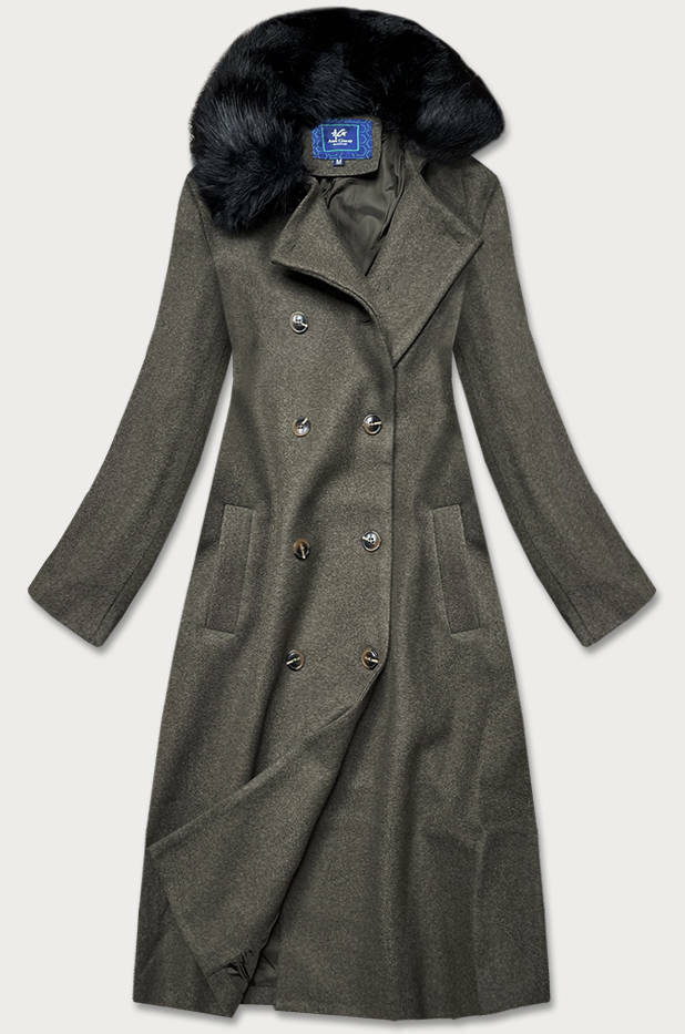 Dlouhý kabát v khaki barvě s kožešinovým límcem (20201202) - S (36) - odcienie zieleni