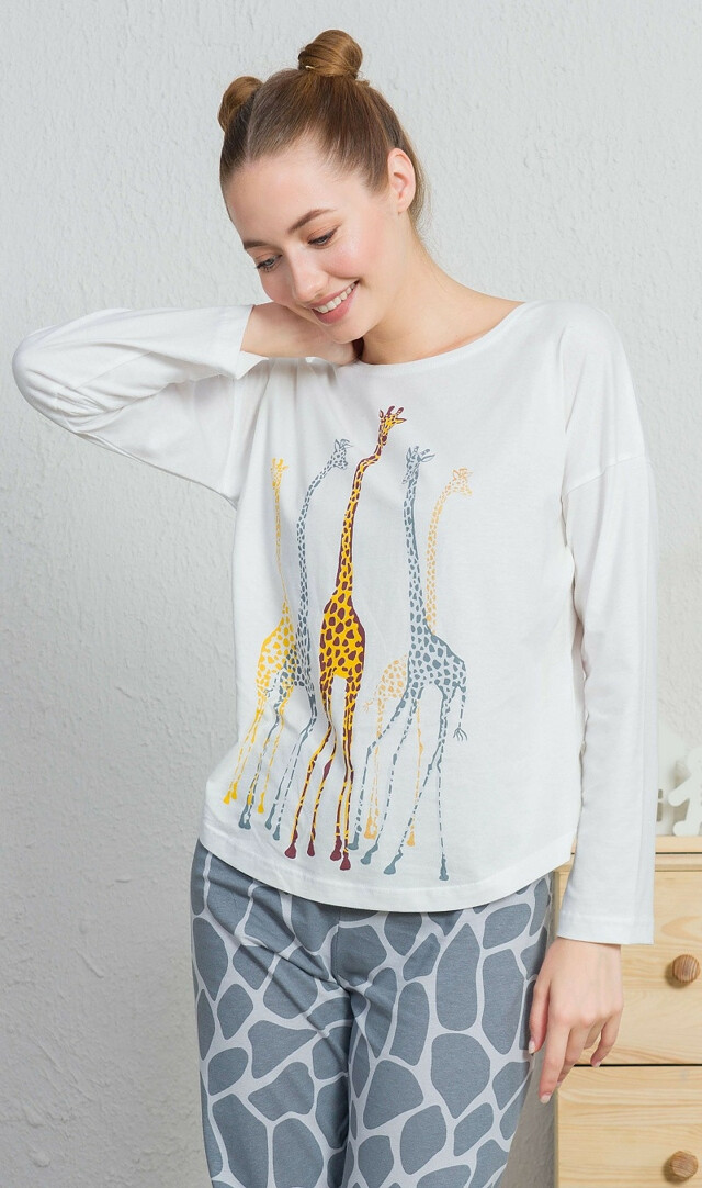 Dámské pyžamo dlouhé Žirafy - smetanová XXL