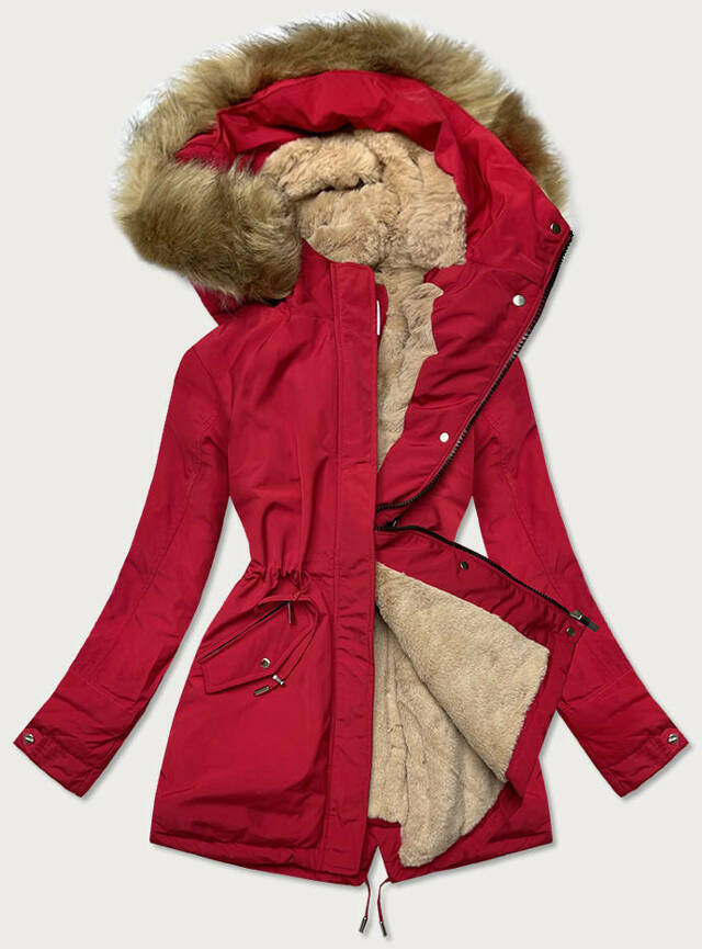 Červeno-béžová teplá dámská zimní bunda (W559) - XXL (44) - odcienie czerwieni