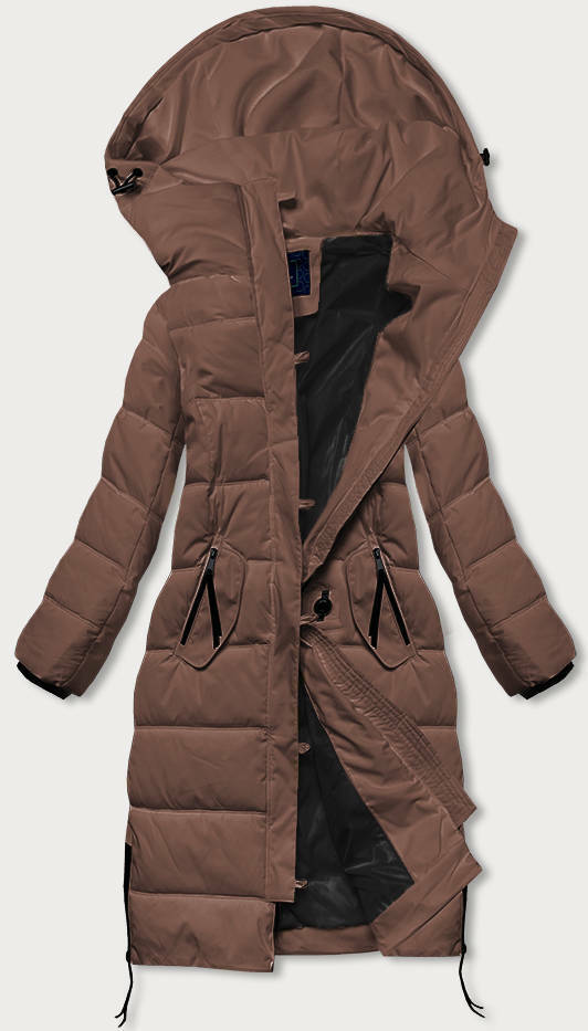 Dlouhá hnědá dámská zimní bunda (AG8-8013) - XXL (44) - odcienie brązu