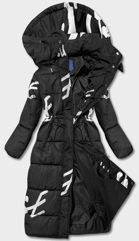 Černo-bílá dlouhá dámská zimní bunda s nápisy (AG3-3028) - XXL (44) - odcienie czerni