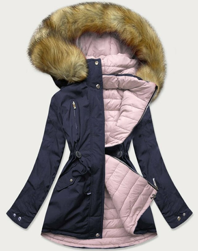 Tmavě modro-růžová oboustranná dámská zimní bunda s kapucí (W213BIG) - XXL (44) - růžová