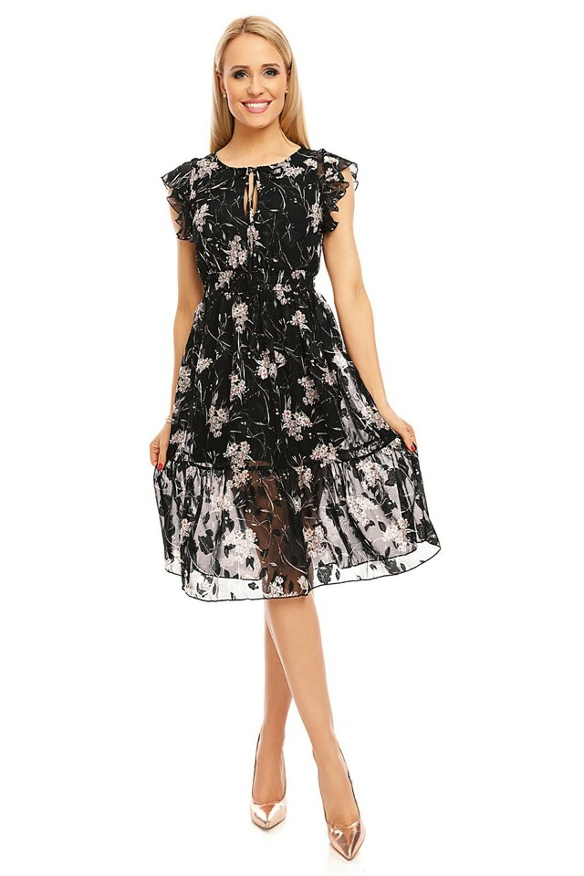 Dámské šaty s krátkými rukávky s potiskem květin středně dlouhé černé - Černá / L - In Vogue - L - černá