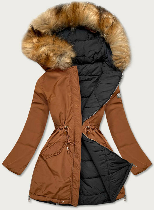 Karamelovo-černá oboustranná dámská zimní bunda (M-210A5) - XL (42) - odcienie brązu