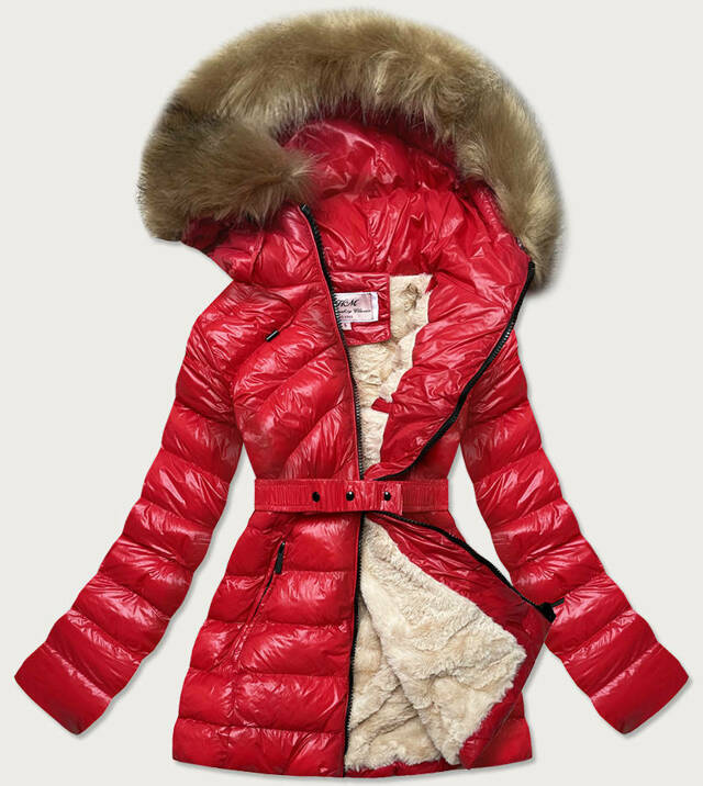 Lesklá červená zimní bunda s mechovitým kožíškem (W674) - XXL (44) - odcienie czerwieni