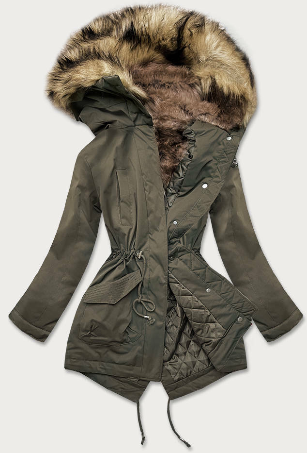 Prošívaná dámská zimní bunda v khaki barvě s kožešinou (M-137) - XXL (44) - odcienie zieleni