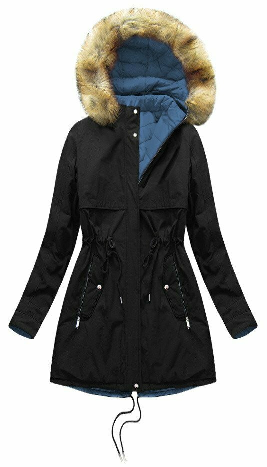 Černo-světle modrá oboustranná dámská zimní bunda s kapucí (W214BIG) - XXL (44) - odcienie niebieskiego