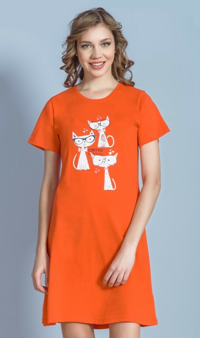 Dámská noční košile s krátkým rukávem Kočky s brýlemi
