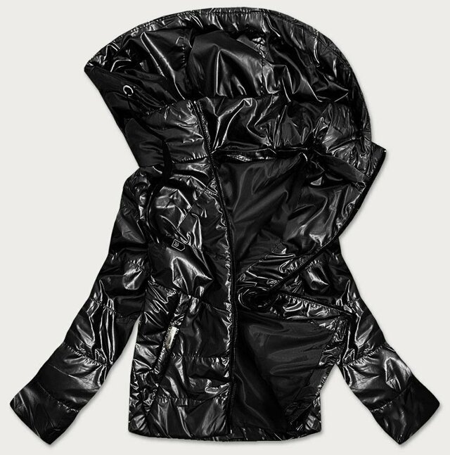 Lesklá černá dámská bunda s kapucí (B9575) - 46 - odcienie czerni