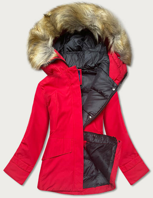 Červená dámská zimní bunda s kapucí (J9-066) - XXL (44) - odcienie czerwieni