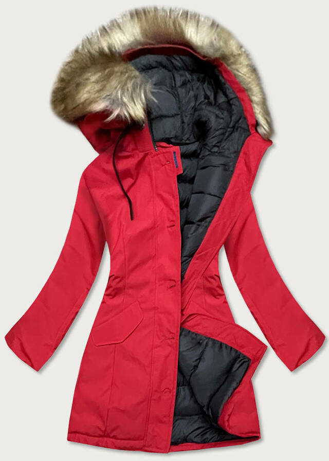 Červená dámská zimní bunda s kapucí (J9-065) - XL (42) - odcienie czerwieni