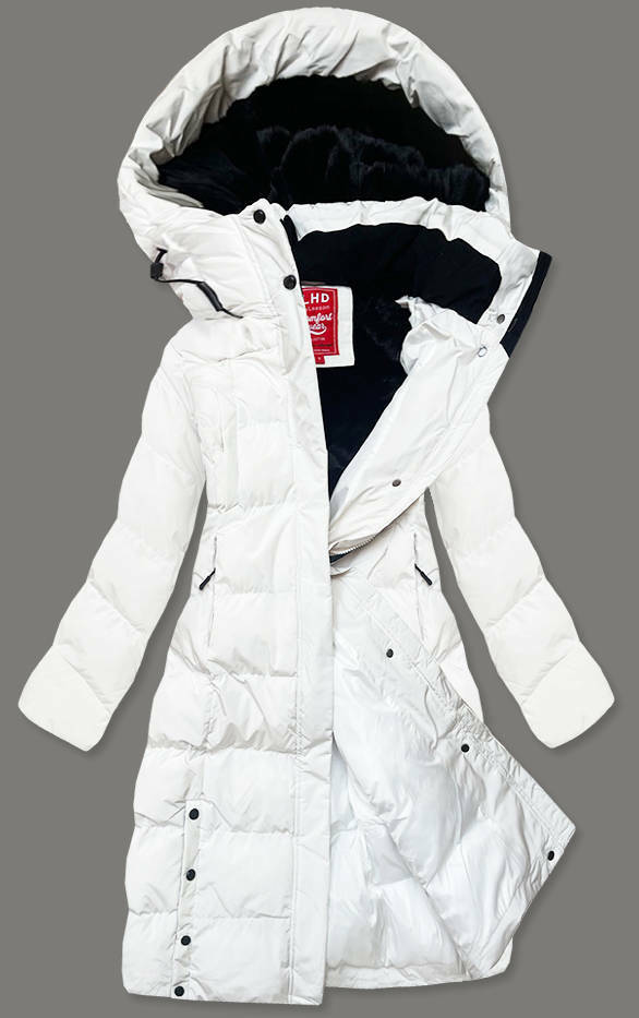 Dlouhá bílá dámská zimní bunda s kožešinovou podšívkou (2M-025) - S (36) - odcienie bieli