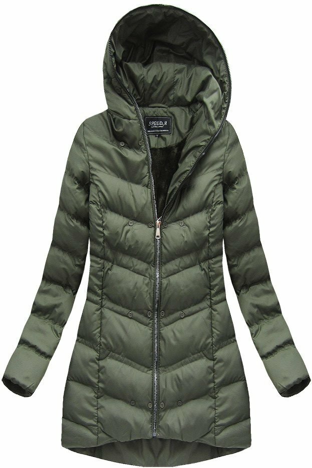 Dámská zimní prošívaná bunda v khaki barvě s kapucí (W749-1) - M (38) - khaki