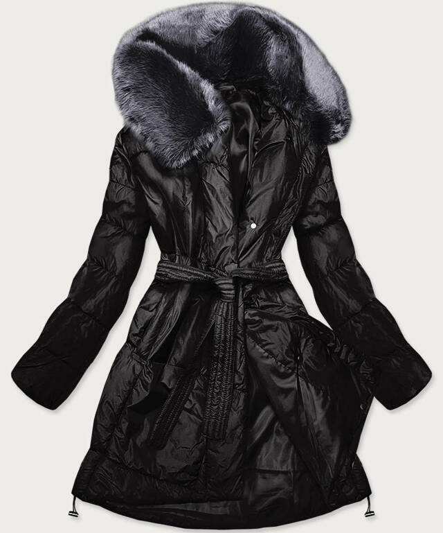 Černý dámský zimní kabát s kožešinou (008) - S (36) - odcienie czerni