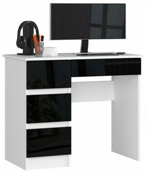 Ak furniture Psací stůl A-7 90 cm bílý/černý lesk levý