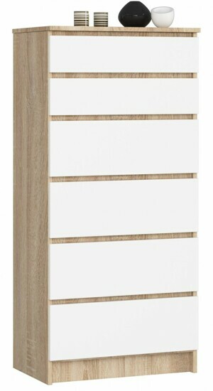 Ak furniture Komoda Kuba 60 cm - 6 šuplíků dub sonoma/bílá