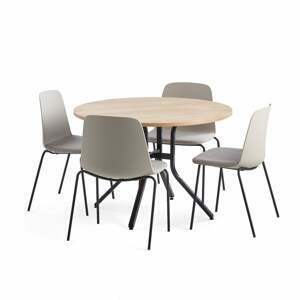 Sestava VARIOUS + LANGFORD, stůl Ø1100x740 mm, dub + 4 židle, šedá