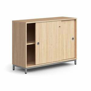 Skriňa s posuvnými dverami QBUS, 1 polica, na nožičkách, s madlom, 868x1200x400 mm, strieborná, dub