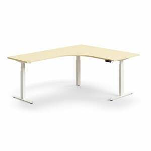 Výškově nastavitelný stůl QBUS, rohový, 1600x2000 mm, bílá podnož, bříza