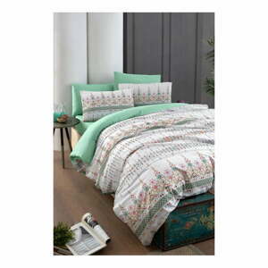 Bílo-zelené 4dílné prodloužené povlečení na dvoulůžko s prostěradlem 200x220 cm Ethnic – Mila Home