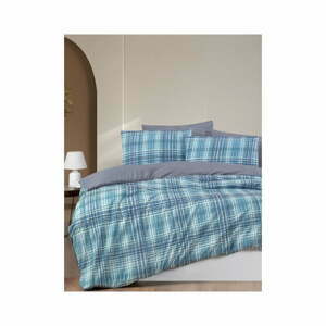 Modré 4dílné prodloužené povlečení na dvoulůžko s prostěradlem 200x220 cm Ekose – Mila Home