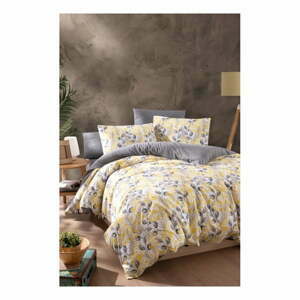 Žluto-šedé 4dílné prodloužené povlečení na dvoulůžko s prostěradlem 200x220 cm Leaves – Mila Home
